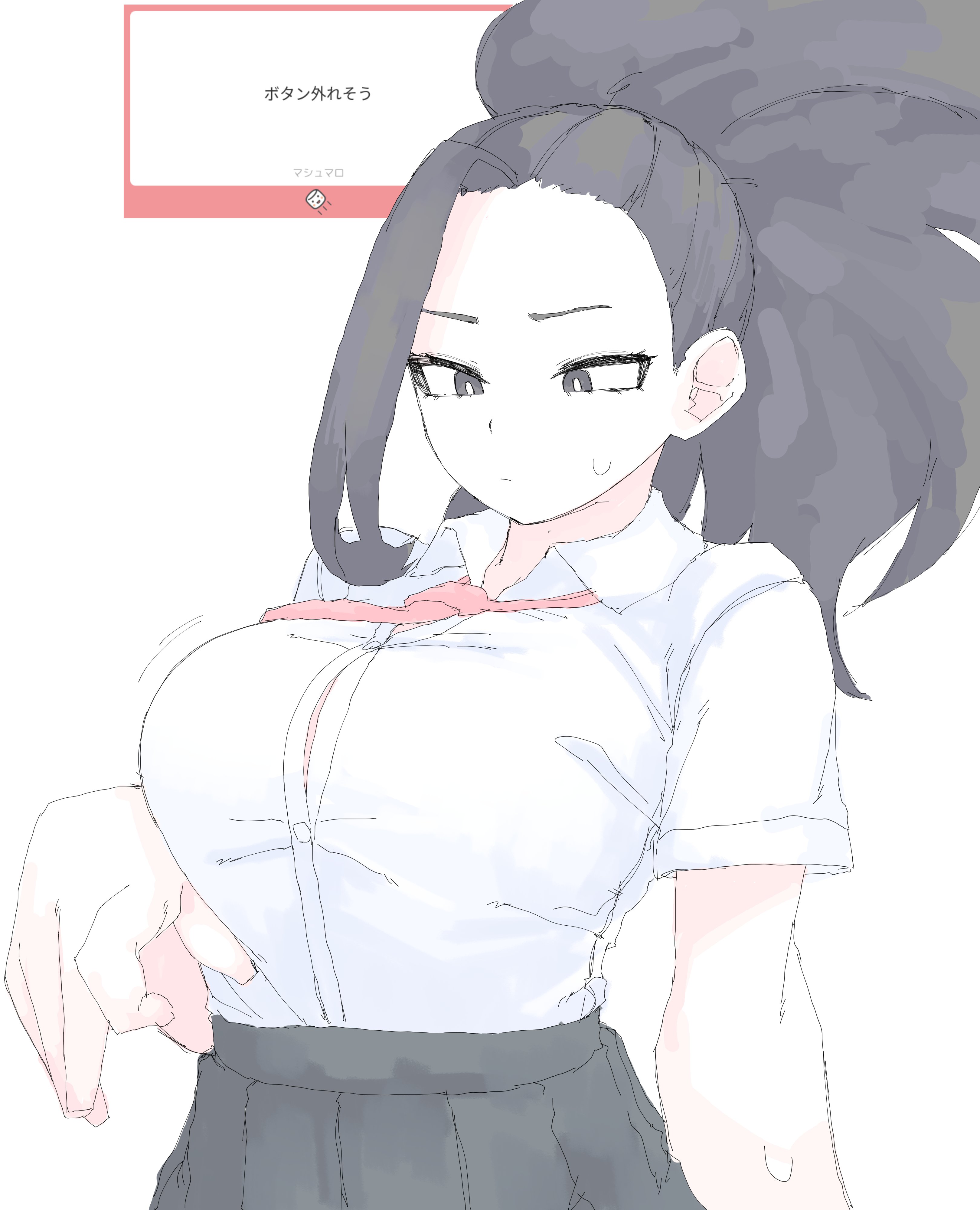 1girl absurdres black_eyes black_hair black_skirt boku_no_hero_academia breasts closed_mouth hair_pulled_back highres large_breasts long_hair mocamocaink necktie pleated_skirt ponytail red_necktie school_uniform shirt simple_background skirt solo sweatdrop u.a._school_uniform white_background white_shirt yaoyorozu_momo