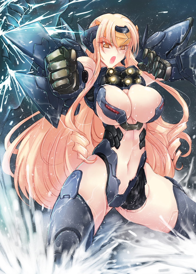 1girl 4.211_brass_knuckles android arm_blade armor assault_mount_3.25_sting-blades bikini_armor blonde_hair brass_knuckles breasts cannon center_opening chest_cannon cleavage female_focus gun haganef jaeger_(pacific_rim) joints large_breasts legendary_pictures long_hair looking_at_viewer mecha mecha_musume mechanical_arms missile_launcher navel ocean open_mouth orange_eyes pacific_rim pan_pacific_defense_corps personification revealing_clothes ringed_eyes robot robot_joints rocket_launcher solo striker_eureka sword thighhighs underboob very_long_hair water weapon wmb2x90_anti-kaiju_missile_launcher wrist_blades