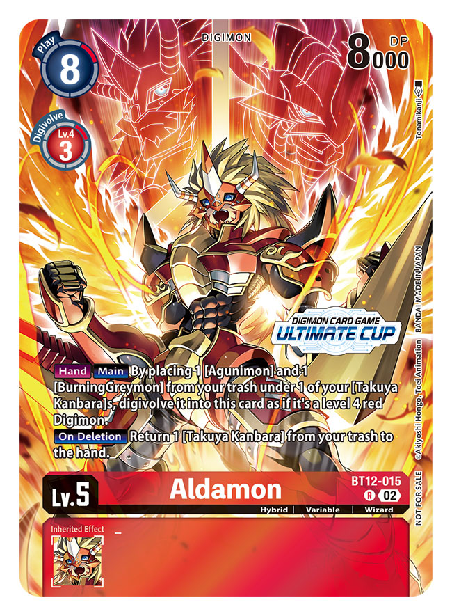 1boy agnimon aldamon arm_cannon armor artist_name blonde_hair blue_eyes card_(medium) character_name commentary_request copyright_name digimon digimon_(creature) digimon_card_game fangs feet_out_of_frame fire long_hair official_art red_armor solo tonami_kanji trading_card translation_request vritramon weapon