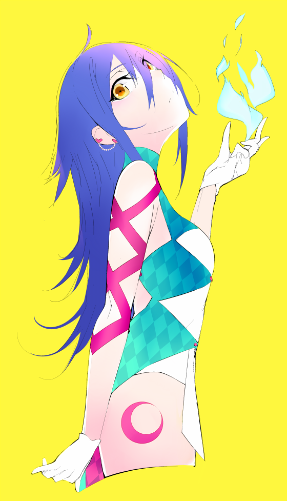 1girl ahoge arm_ribbon blue_dress blue_hair blue_nails breasts checkered_clothes checkered_dress closed_mouth commentary cowboy_shot crescent_tattoo cropped_legs dress earrings gloves hanyuuda_mito heart heart_earrings jewelry leg_tattoo long_hair looking_at_viewer looking_to_the_side medium_breasts multicolored_dress pink_ribbon ribbon shaft_look simple_background sleeveless sleeveless_dress solo tattoo tokyo_7th_sisters tugmix white_dress white_gloves yellow_background yellow_eyes