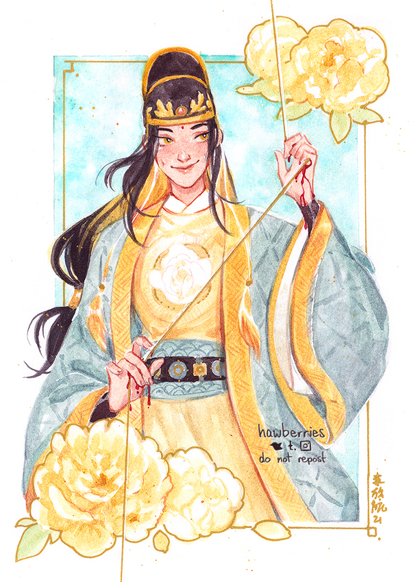 alt_text artist_name belt blood blood_on_hands blue_background border bright_pupils brown_hair chinese_clothes closed_mouth commentary dimple english_commentary facial_mark floral_print flower forehead_mark gold_border grey_hanfu grey_robe hanfu hat hawberries huadian jin_(headwear) jin_guangyao long_hair long_sleeves male_focus modao_zushi multiple_boys painting_(medium) peony_(flower) robe smile solo string tang_jin_(headwear) traditional_media upper_body watercolor_(medium) wide_sleeves yellow_flower yellow_hanfu yellow_trim yuanlingpao