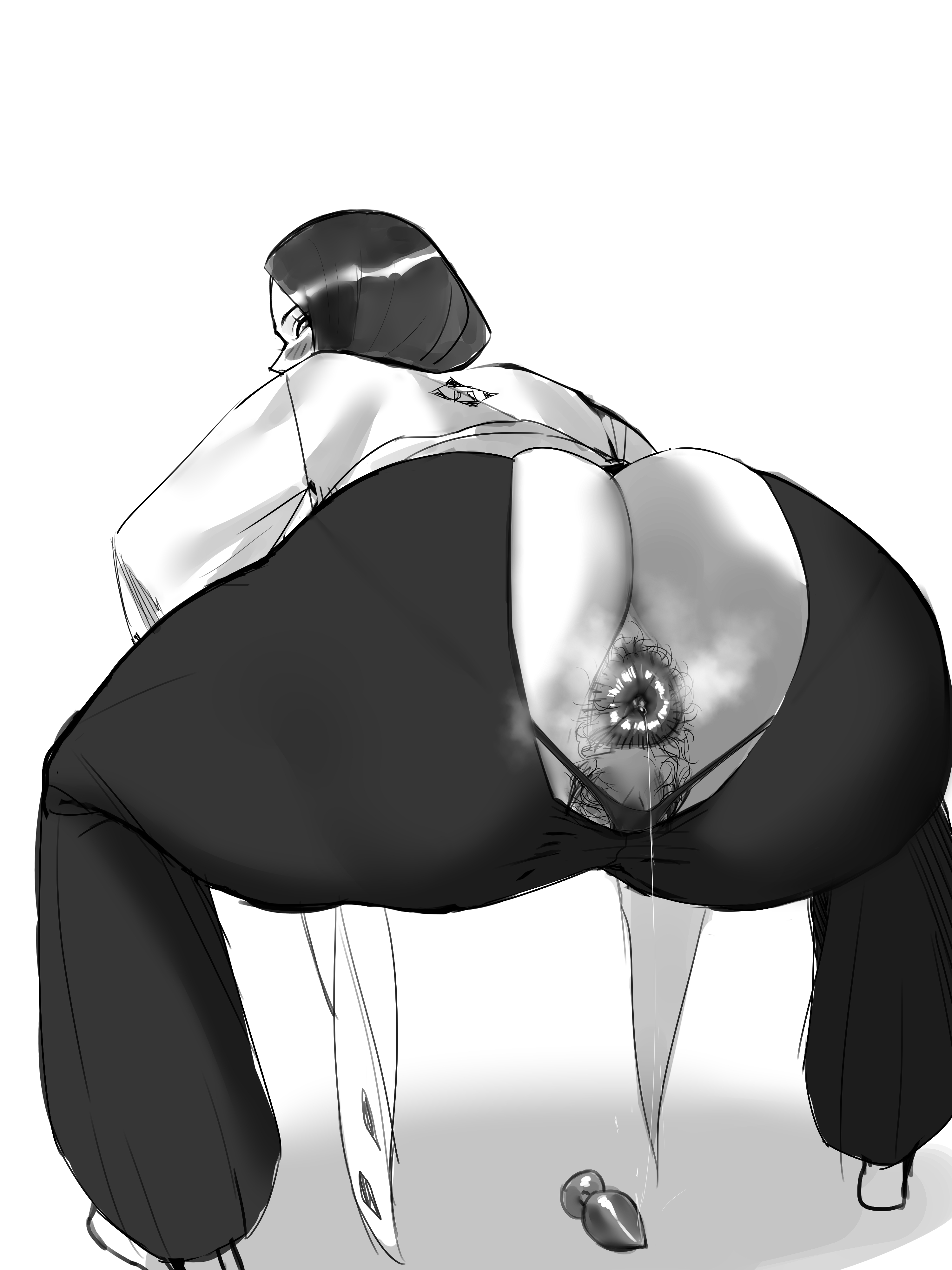 1girl absurdres anus anus_hair ass backless_panties black_hair bleach blush butt_plug female_focus female_pubic_hair haori highres huge_ass japanese_clothes mature_female monochrome nakge06 panties pubic_hair sex_toy shihakusho shinigami shiny_anus squatting steam tabi taichou_haori thong torn_clothes underwear unohana_retsu