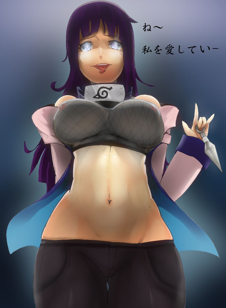 1girl breasts female_focus highres hyuuga_hinata long_hair looking_at_viewer midriff naruto naruto_(series) navel nipples open_mouth purple_eyes purple_hair sakuama see-through_clothes solo tongue tongue_out