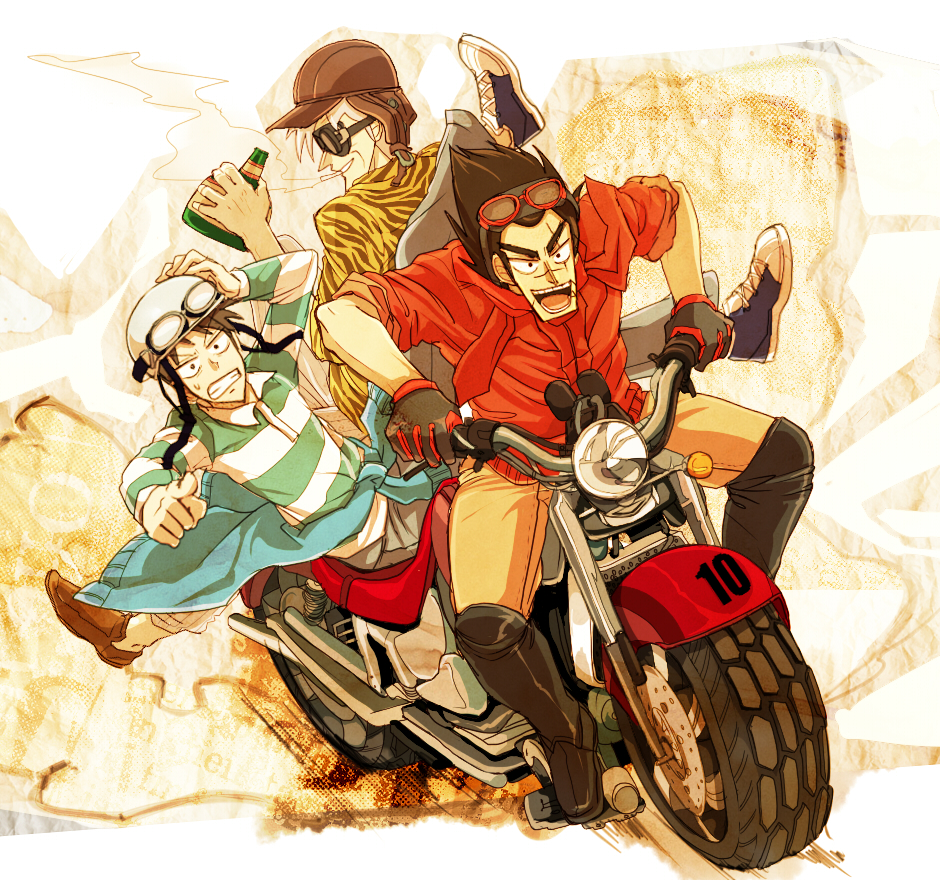 3boys akagi_shigeru animal_print black_footwear black_gloves blue_cardigan bomber_hat boots bottle brown_hair brown_headwear brown_pants cardigan cardigan_around_waist cigarette clenched_teeth clothes_around_waist commentary_request driving fukumoto_mahjong fukumoto_nobuyuki_(style) full_body gloves goggles goggles_on_head goggles_on_headwear green_shirt grey_pants grin helmet holding holding_bottle igawa_hiroyuki jacket male_focus motorcycle motorcycle_helmet multiple_boys official_style on_motorcycle pants parody pointing print_jacket red_shirt scar scar_across_eye scar_on_face scar_on_nose shirt short_hair short_sleeves smile smoke smoking spiked_hair striped_clothes striped_shirt style_parody t_k_g teeth ten_(manga) ten_takashi tiger_print white_shirt