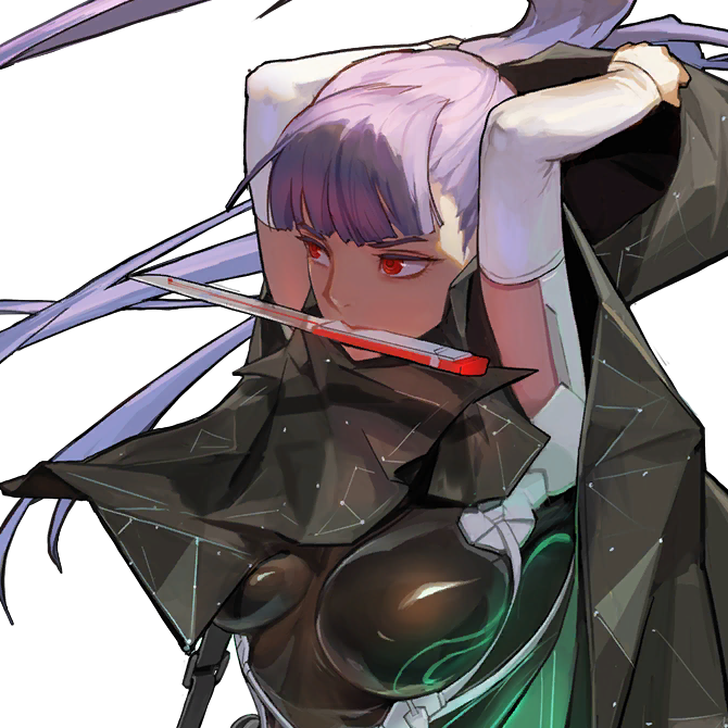 1girl blunt_bangs bodysuit breasts breasts_apart female_focus game_cg holding_hood hood knife knife_in_mouth large_breasts last_origin long_hair looking_afar mouth_hold official_art phantom_(last_origin) ponytail purple_hair red_eyes removing_hood rorobomb shiny_bodysuit shiny_clothes tight_clothes transparent_background upper_body weapon