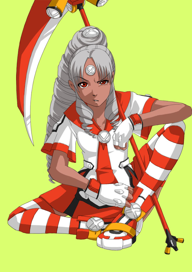 1girl dark-skinned_female dark_skin drill_hair drill_ponytail fingerless_gloves gloves green_background grey_hair horizontal-striped_thighhighs long_hair looking_at_viewer miniskirt momoki necktie object_through_head os-tan parted_lips red_eyes red_necktie red_skirt screw screw_hair_ornament screw_in_head scythe shirt short_sleeves simple_background sitting skirt solo striped_clothes striped_thighhighs thighhighs uneven_eyes vista-tan vistake white_gloves white_shirt zettai_ryouiki