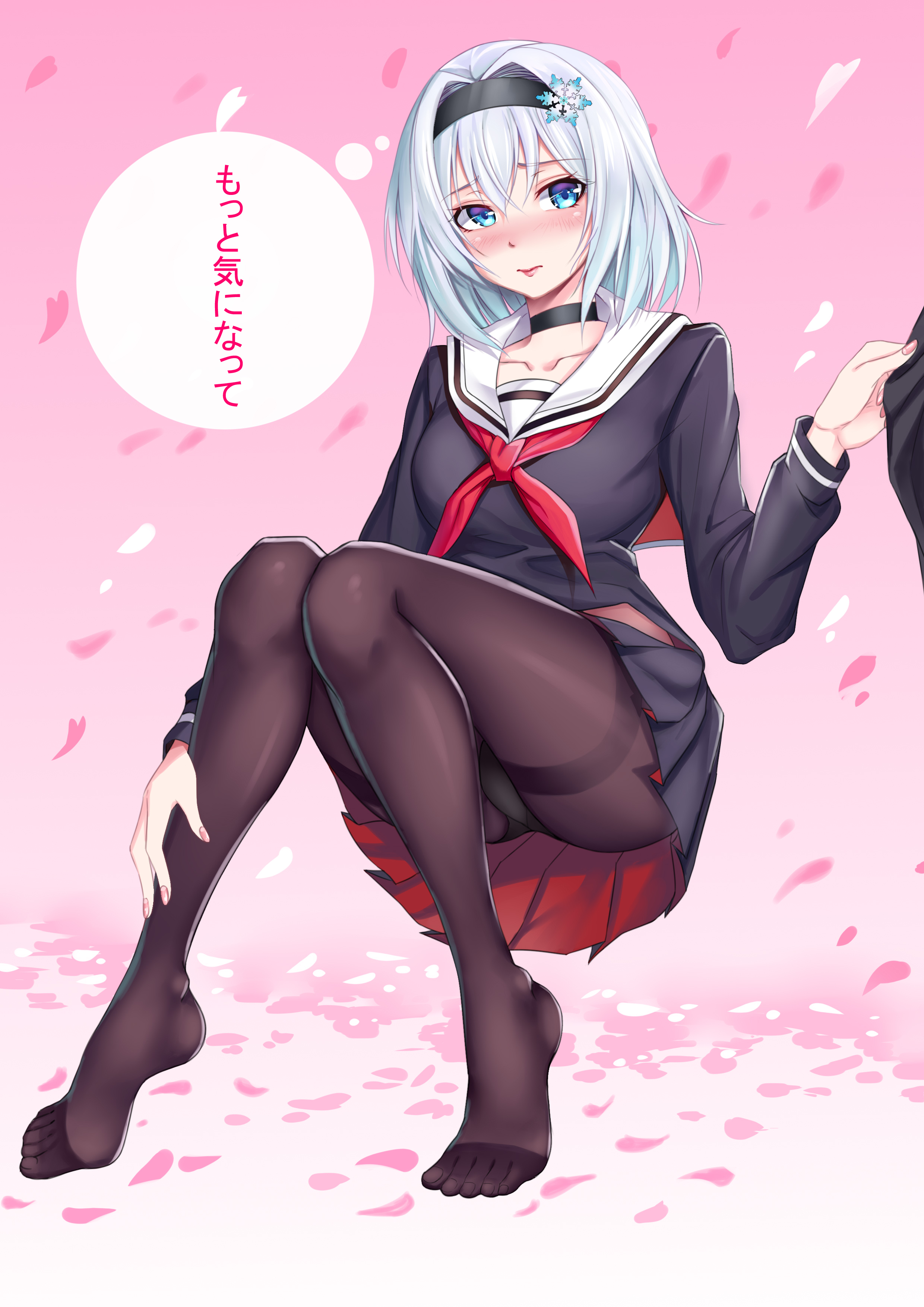 10s absurdres black_choker black_hairband black_legwear black_panties black_serafuku black_shirt blouse blue_eyes blush choker collarbone feet full_body hair_ornament hairband highres invisible_chair no_shoes panties panties_under_pantyhose pantyhose pantyshot pleated_skirt ryuuou_no_oshigoto! sakura school_uniform serafuku shirt short_hair silver_hair sitting skirt smile snowflake_hair_ornament sora_ginko thighband_pantyhose toes underwear