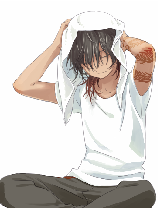 1boy aged_down arm_tattoo black_hair black_pants brown_hair closed_eyes closed_mouth dark-skinned_male dark_skin dragon_tattoo drying drying_hair drying_own_hair indian_style leuco male_focus multicolored_hair ookurikara pants shirt simple_background sitting solo tattoo touken_ranbu towel towel_on_head upper_body white_background white_shirt