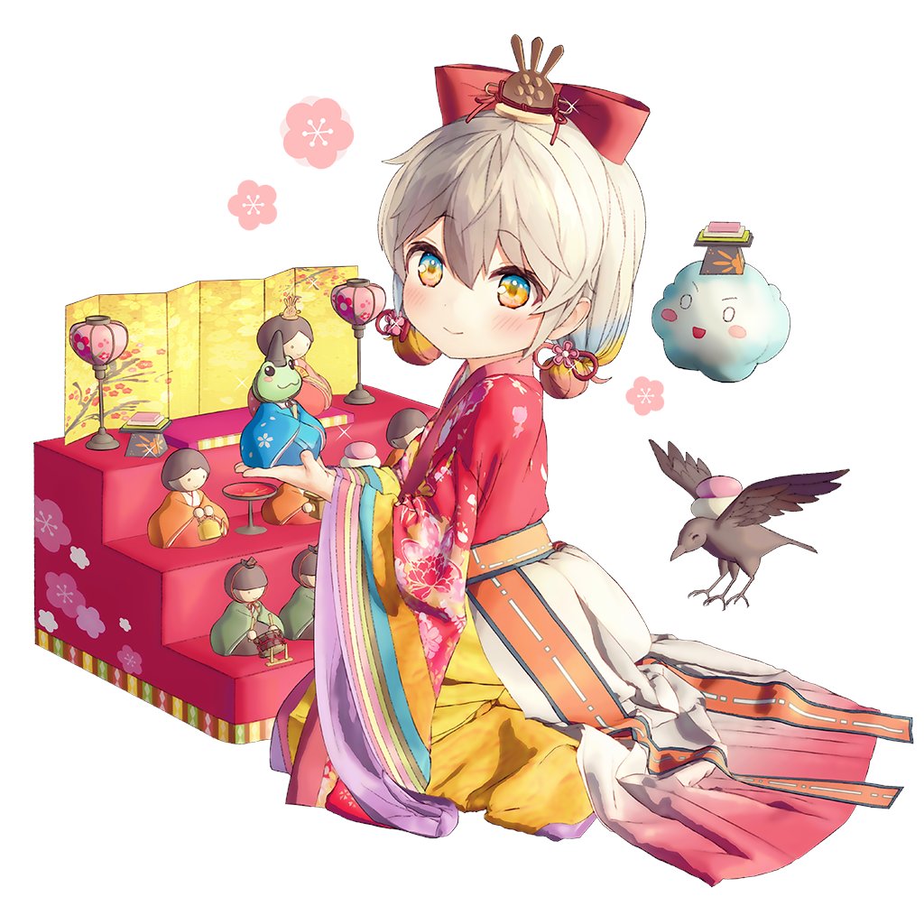 1girl amaterasu_(uchihime) bird bonbori_(lighting) bow brown_eyes folding_screen frog gio_(maroon0924) hair_between_eyes hair_bow hina_ningyou hinadan hinamatsuri hishimochi japanese_clothes uchi_no_hime-sama_ga_ichiban_kawaii