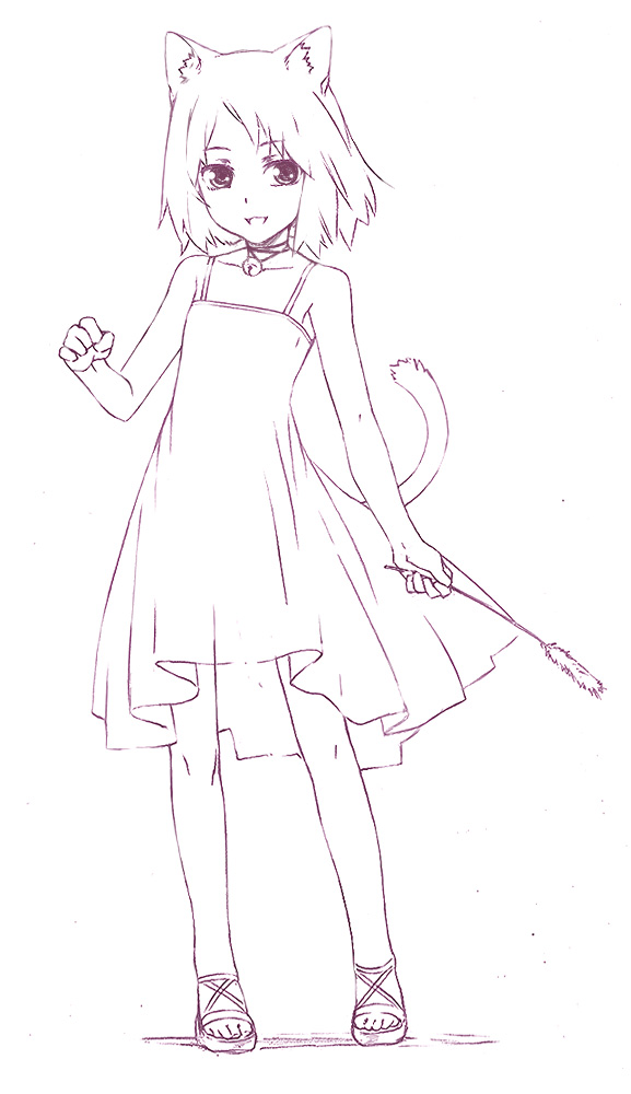 1girl animal_ears bell cat_ears cat_tail cat_teaser cattail choker dress female_focus jingle_bell monochrome nyaou original plant sandals short_hair solo sundress tail