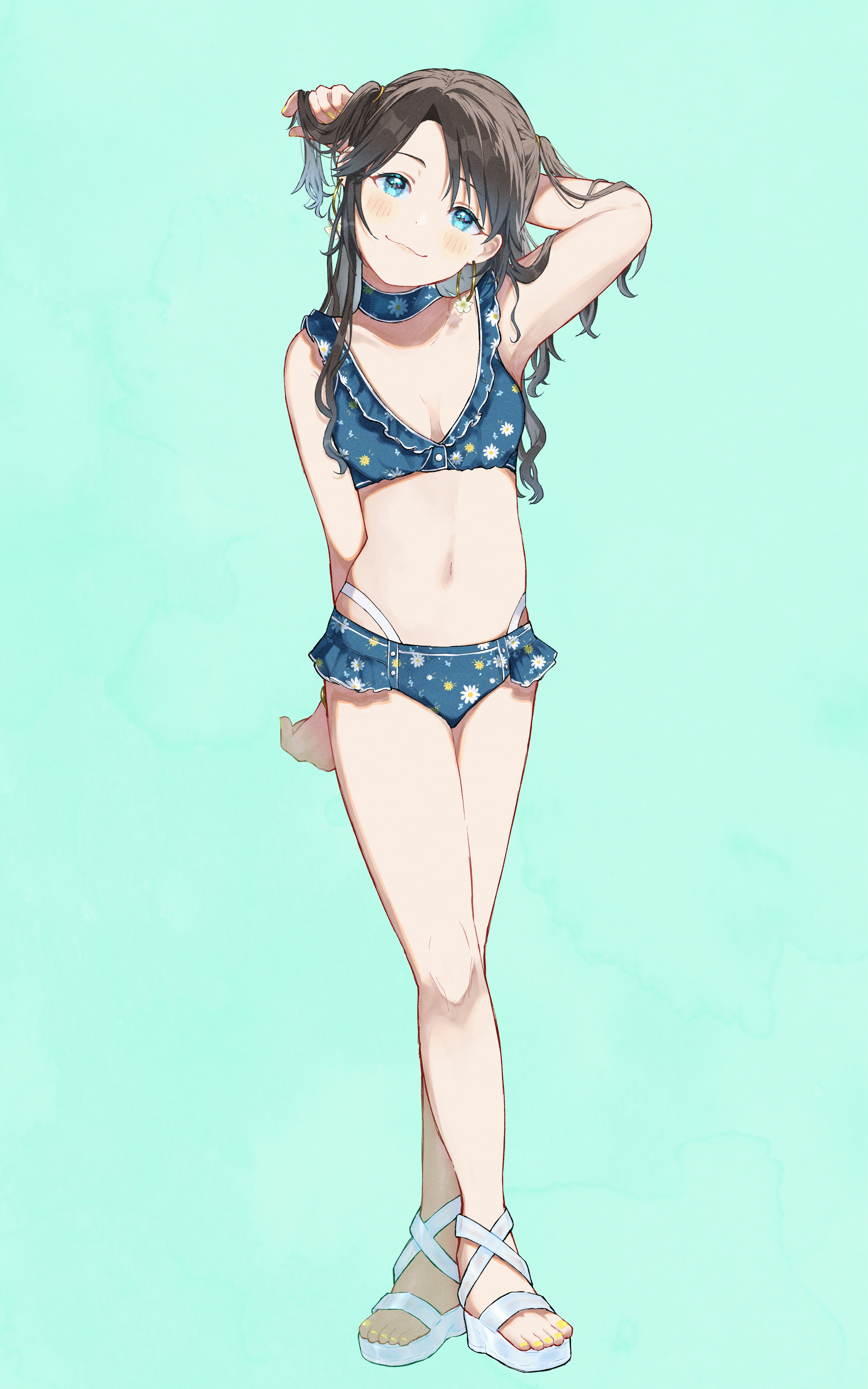 1girl 965ma_mogumogu :3 absurdres aqua_background armpits asymmetrical_bangs bikini black_hair blue_bikini blue_choker blue_eyes breasts breasts_apart choker commentary dot_nose earrings eyelashes floral_print floral_print_bikini flower_earrings frilled_bikini frills full_body hand_in_own_hair highres hoop_earrings idolmaster idolmaster_shiny_colors jewelry light_blush long_hair looking_at_viewer midriff mitsumine_yuika navel official_alternate_costume parted_bangs platform_sandals sandals simple_background small_breasts smile solo swept_bangs swimsuit twintails wavy_ends white_sandals yellow_nails