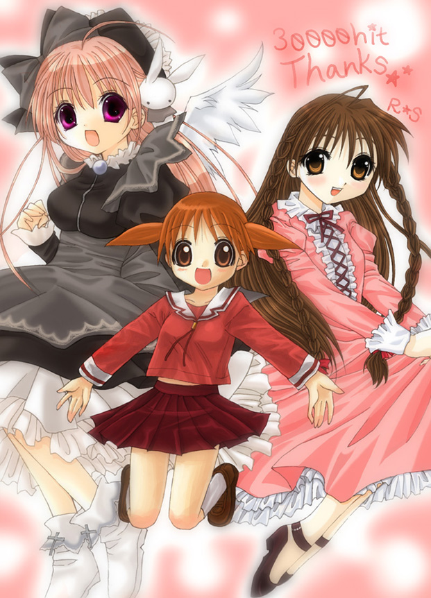 00s 3girls angel animal_ears azumanga_daiou braid brown_eyes brown_hair child crossover dress jumping karen_(sister_princess) long_hair mihama_chiyo misha misha_(pita_ten) multiple_girls pink_hair pita_ten purple_eyes rabbit_ears ribbon school_uniform serafuku sister_princess skirt smile twin_braids twintails wings
