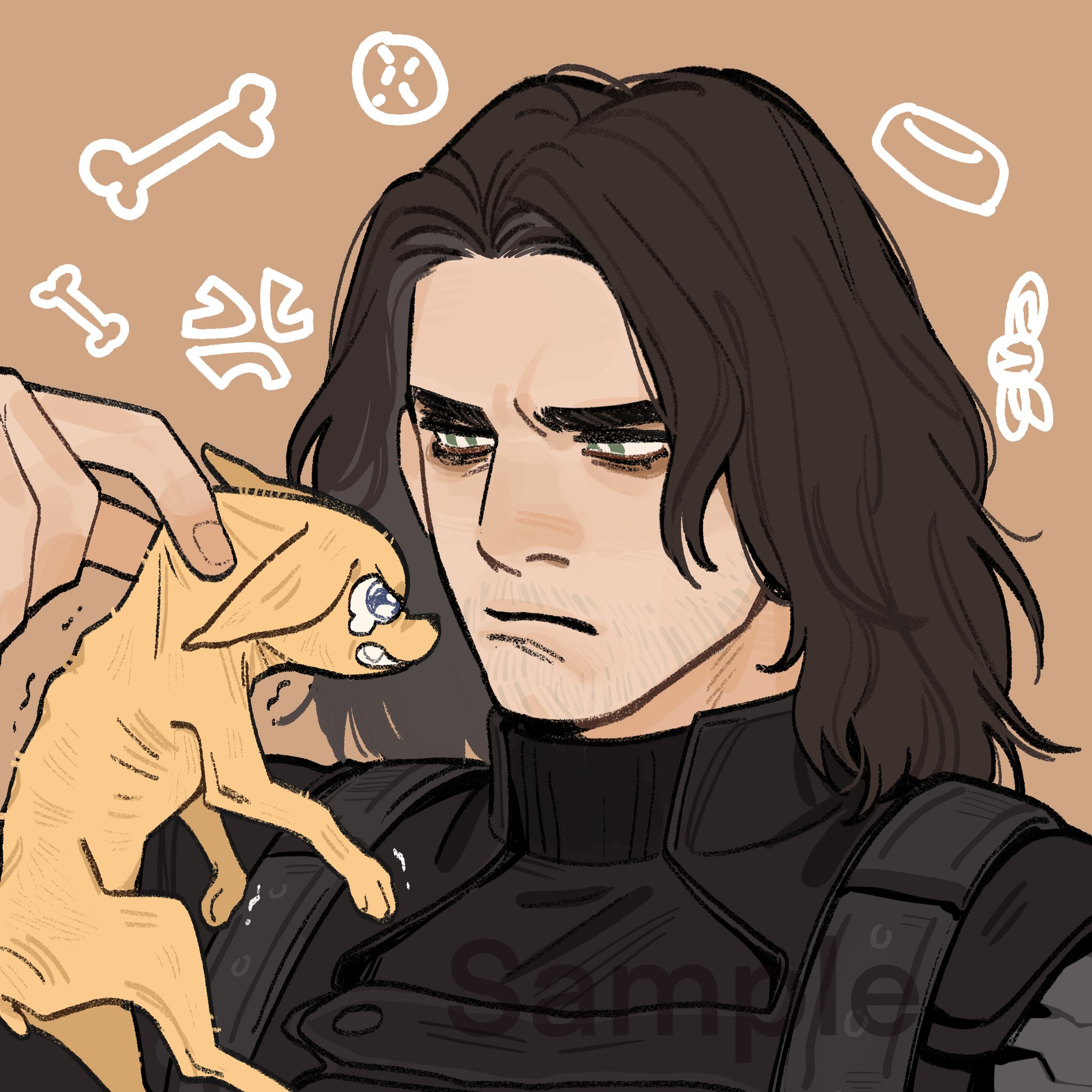 1boy anger_vein animal animal_ears animal_nose animalization black_bodysuit blue_eyes bodysuit bone brown_background brown_hair bucky_barnes captain_america:_the_winter_soldier captain_america_(series) closed_mouth dog dog_ears dog_tail facial_hair fang fingernails green_eyes hand_up highres holding holding_animal looking_at_animal marvel marvel_cinematic_universe prosthesis prosthetic_arm sample_watermark short_hair simple_background steve_rogers tail tearing_up teeth trembling upper_body v-shaped_eyebrows watermark winter_soldier yellow_dog yellow_fur yiqianbixin