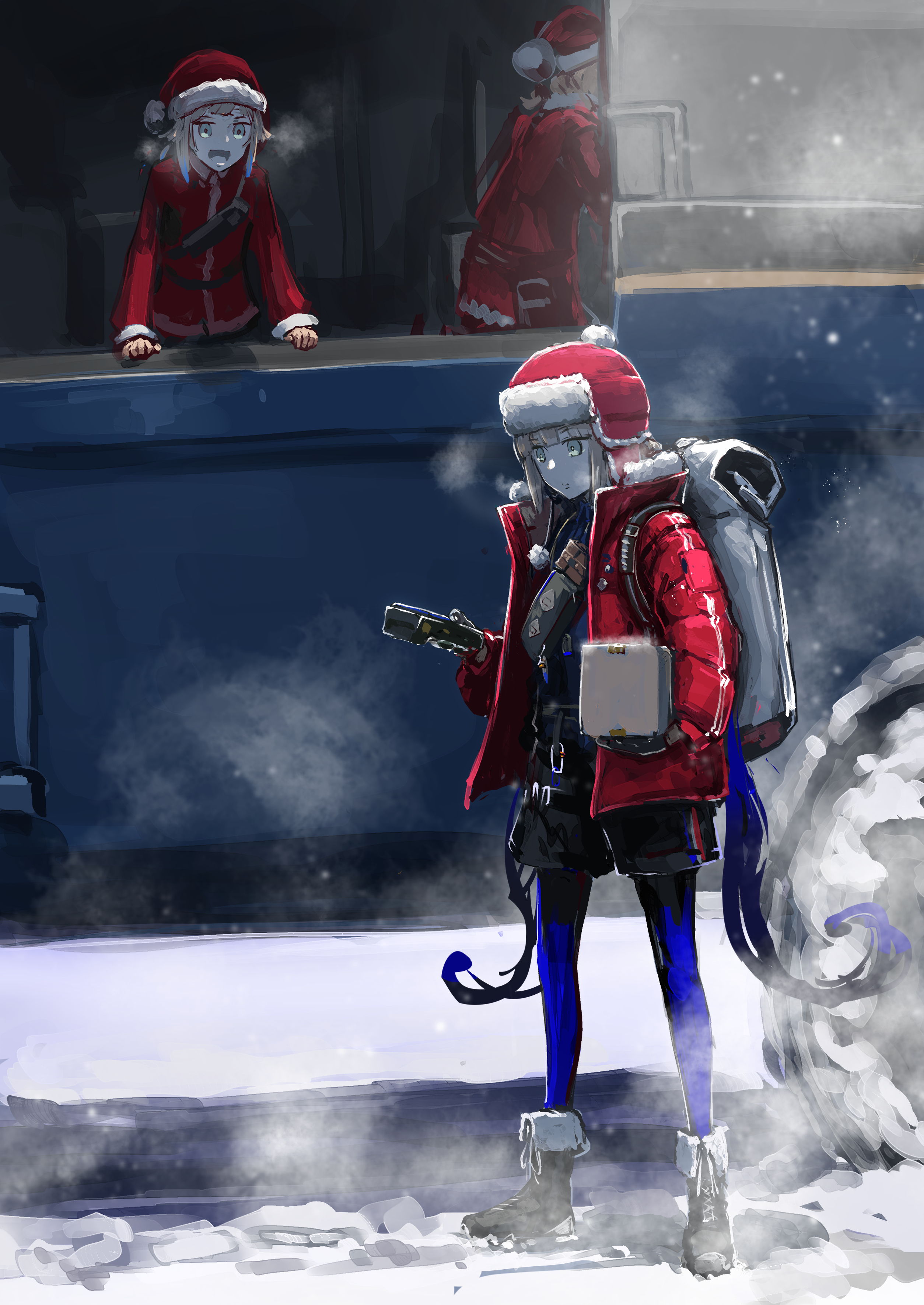 152_in_can 3boys absurdres backpack bag black_shirt black_shorts blue_pantyhose boots box breath captain_nemo_(fate) captain_nemo_(santa)_(fate) cardboard_box carrying carrying_under_arm clone colored_tips commentary_request down_jacket fanny_pack fate/grand_order fate_(series) fur-trimmed_headwear fur_hat fur_trim hair_flaps hat highres holding holding_box jacket long_hair looking_at_another looking_at_object low_twintails male_focus marine_nemo_(fate) marine_nemo_(santa)_(fate) multicolored_hair multiple_boys nemo_(fate) open_clothes open_jacket open_mouth outdoors pantyhose pantyhose_under_shorts pom_pom_(clothes) red_headwear red_jacket santa_hat shirt shorts sidelocks smile snow standing twintails ushanka very_long_hair wide_shot