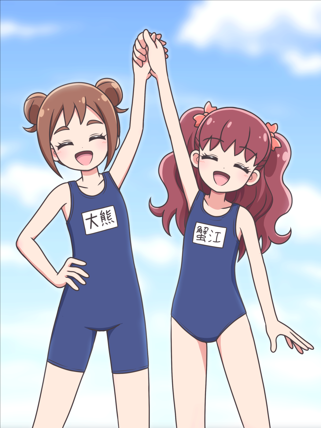 2girls ^_^ arm_up bare_arms blue_one-piece_swimsuit blue_sky blush bow brown_hair closed_eyes cloud cloudy_sky collarbone commentary cowboy_shot day dot_nose double_bun facing_viewer hair_bow hair_bun hair_ornament hand_on_own_hip highres holding_hands kanie_(precure) kato-shun legs_apart long_hair multiple_girls name_tag one-piece_swimsuit ookuma_(precure) open_mouth orange_bow outdoors precure red_hair school_swimsuit short_hair sky sleeveless smile standing swimsuit thick_eyebrows two_side_up wonderful_precure!
