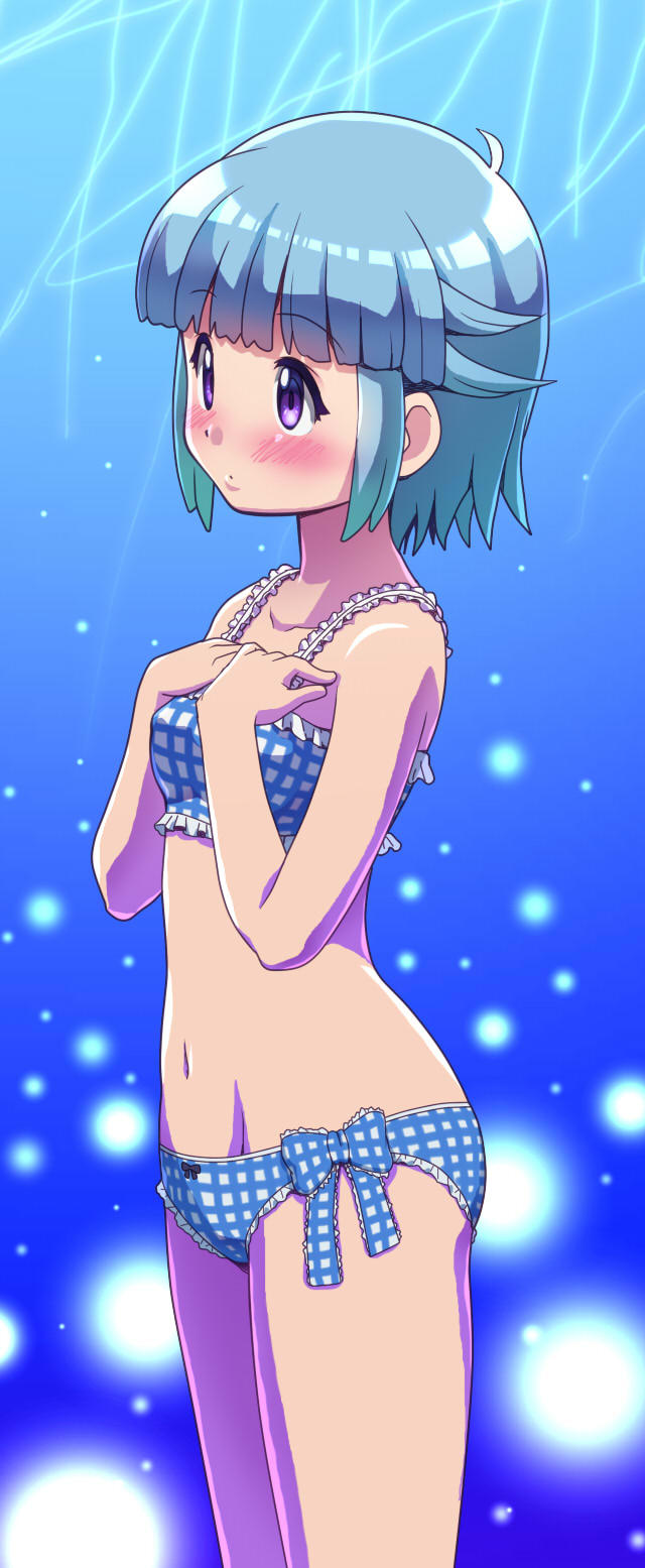 1girl awa blue_background blue_hair blush bow bow_panties bra breasts closed_mouth commentary_request cowboy_shot female_focus frilled_bra frilled_panties frills hands_on_own_chest highres keroro_gunsou light_frown looking_to_the_side navel nishizawa_momoka panties partial_commentary plaid_bra plaid_clothes plaid_panties purple_eyes short_hair side-tie_panties small_breasts solo standing underwear underwear_only