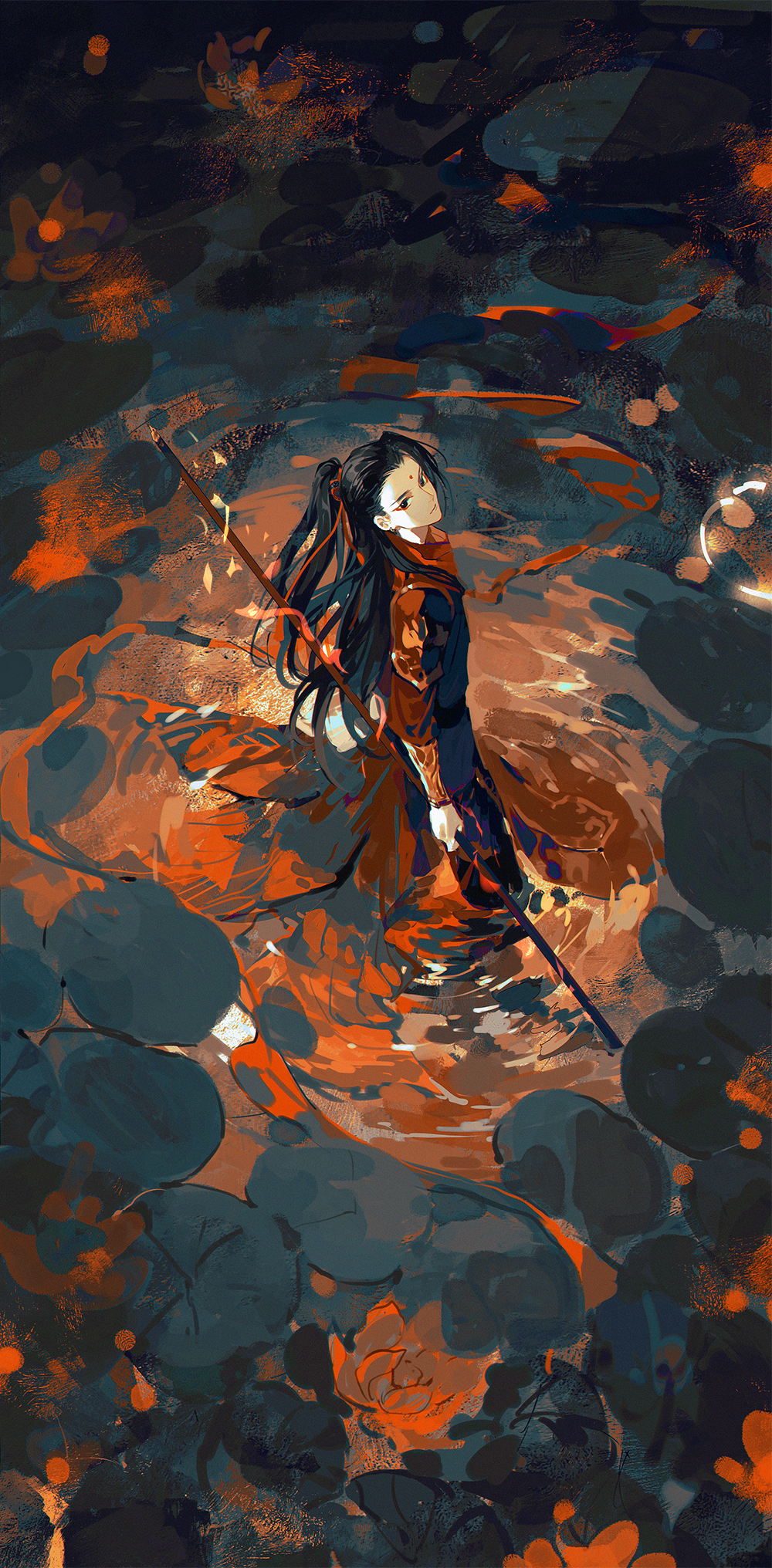 1boy 21_shiji_qujing_lu arm_guards black_hair eyeliner facial_mark flower forehead_mark from_above hair_ribbon half_updo highres holding holding_polearm holding_weapon lily_pad long_hair long_sleeves looking_at_viewer looking_up lotus makeup male_focus nature nezha orange_theme outdoors polearm pond red_theme ribbon robe solo spear standing wading water weapon xiandao1213