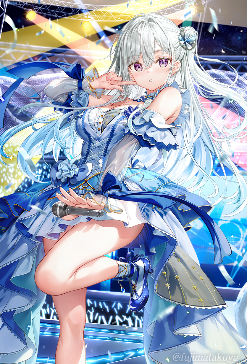 1girl astesice_kairi bare_shoulders blue_shoes breasts cardfight!!_vanguard cleavage commentary_request detached_sleeves dress earrings fujima_takuya glowstick grey_hair hair_between_eyes hair_bun hair_intakes highres jewelry large_breasts long_hair long_sleeves looking_at_viewer microphone official_art one_side_up parted_lips puffy_long_sleeves puffy_sleeves purple_eyes see-through_clothes see-through_sleeves shoes single_side_bun socks solo standing standing_on_one_leg strapless strapless_dress stud_earrings very_long_hair white_dress white_socks