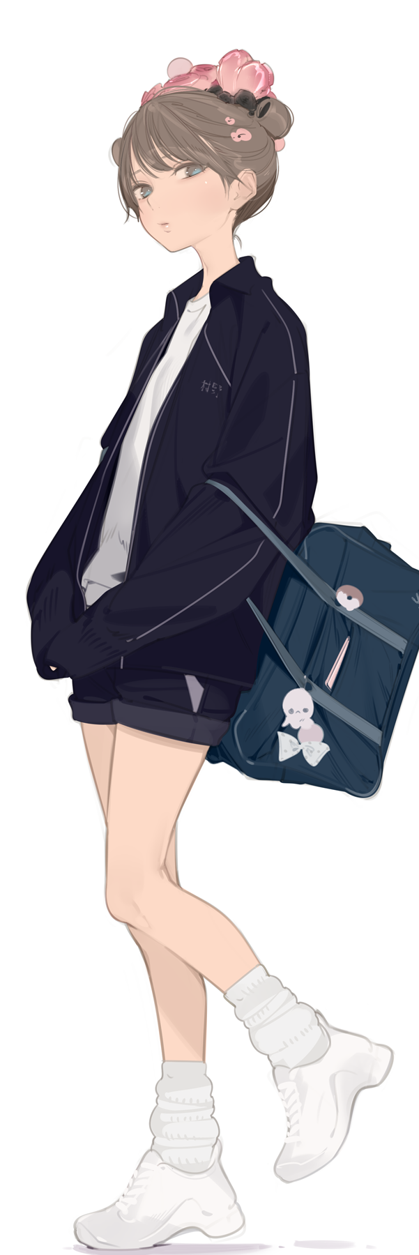 1girl ama_mitsuki bag bag_charm black_jacket black_shorts brown_hair charm_(object) commentary_request full_body gym_shirt highres jacket legs long_sleeves original school_bag shirt short_hair shorts simple_background solo standing track_jacket white_background white_shirt