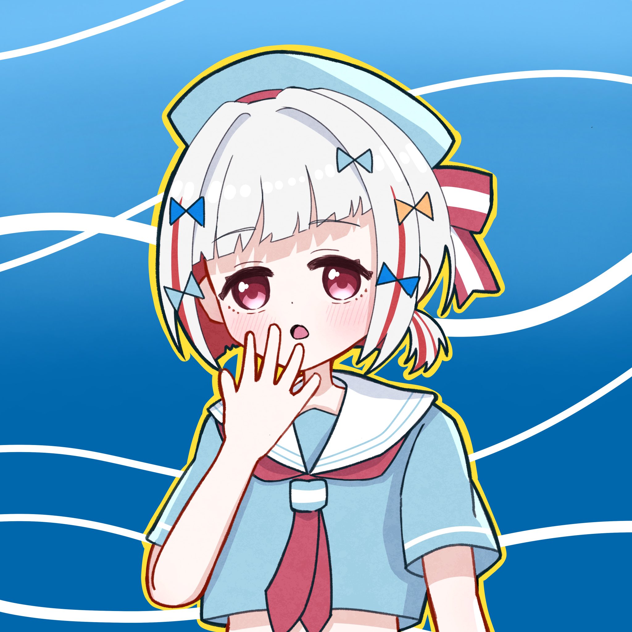 1girl blue_background blue_hat blue_shirt blush blush_stickers bow colored_inner_hair commentary_request diagonal_bangs grey_hair hair_bow hand_up hat highres like_and_redraw_challenge link!_like!_love_live! love_live! low_ponytail midriff multicolored_hair neckerchief notice_lines official_alternate_costume official_alternate_hairstyle okome_(okome_l_l) open_mouth pink_eyes ponytail red_hair red_neckerchief sailor_collar school_uniform serafuku shirt short_hair short_ponytail short_sleeves sidelocks solo streaked_hair virtual_youtuber white_sailor_collar yugiri_tsuzuri yugiri_tsuzuri_(gigo)