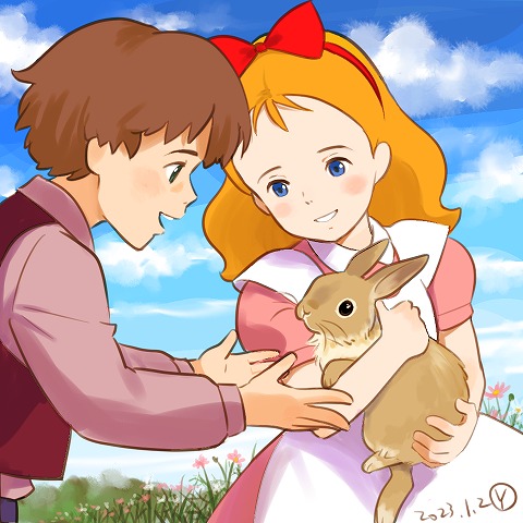 1boy 1girl ai_no_wakakusa_monogatari blonde_hair blue_eyes bow brown_hair daisy_brooke dated dress flower grin holding_animal holding_rabbit long_hair lowres nathaniel_blake open_mouth outdoors pink_dress pink_shirt rabbit red_bow sakai_yume shirt smile vest world_masterpiece_theater