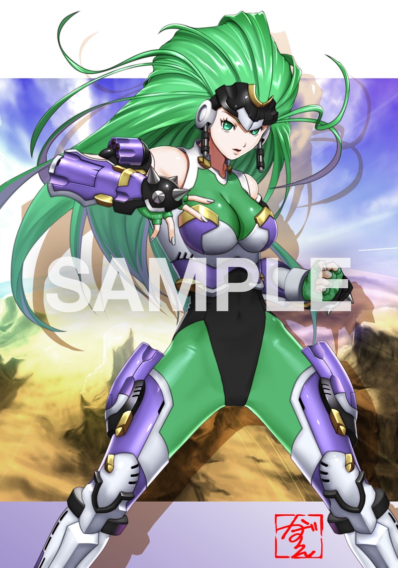 1girl aschen_brodel bodysuit breasts clenched_hand commission covered_navel fingerless_gloves gloves green_eyes green_gloves green_hair kazue long_hair looking_at_viewer medium_breasts open_hand parted_lips sample_watermark skeb_commission solo spikes super_robot_wars super_robot_wars_og_saga_mugen_no_frontier watermark