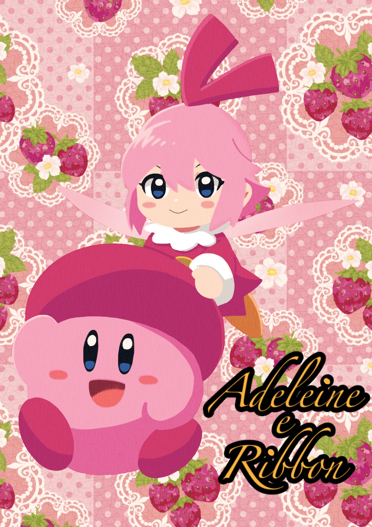 1girl batchgooya beret blush_stickers colored_skin commentary_request fairy fairy_wings food fruit hat highres kirby kirby&#039;s_dream_buffet kirby_(series) nintendo pink_background pink_hair pink_skin red_hat red_ribbon ribbon ribbon_(kirby) strawberry wings