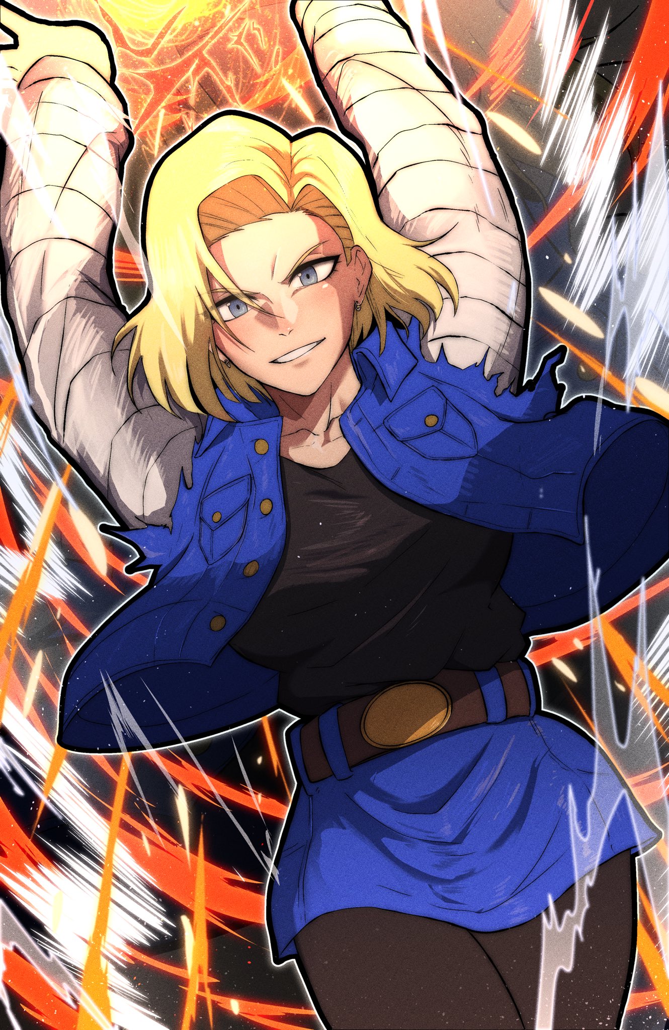 1girl android_18 aura black_pantyhose black_shirt blonde_hair blue_jacket blue_skirt breasts dragon_ball dragonball_z highres jacket large_breasts medium_hair pantyhose powering_up shirt skirt solo thatamaan torn_clothes torn_jacket torn_sleeves