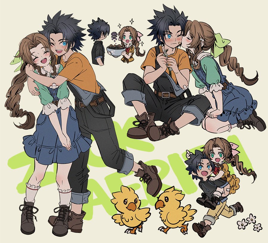 1boy 1girl aerith_gainsborough aged_down aqua_shirt bandaid bandaid_on_arm bandaid_on_cheek bandaid_on_face belt belt_buckle black_hair black_overalls black_shirt blue_dress blue_eyes blush boots bow bowtie braid braided_ponytail brown_footwear brown_hair buckle carrying character_name child chocobo closed_mouth commentary_request couple crisis_core_final_fantasy_vii dress final_fantasy final_fantasy_vii final_fantasy_vii_rebirth final_fantasy_vii_remake flower full_body green_eyes green_ribbon hair_ribbon happy hetero holding hug huosheanng index_finger_raised indian_style kiss kissing_cheek long_hair looking_at_another looking_at_viewer multiple_views one_eye_closed orange_shirt overalls pants pants_rolled_up parted_bangs piggyback pink_ribbon pointing pointing_forward red_bow red_bowtie ribbon running seiza shirt short_hair short_sleeves sidelocks sitting smile socks sparkle spiked_hair standing upper_body white_socks yellow_dress yellow_pants zack_fair