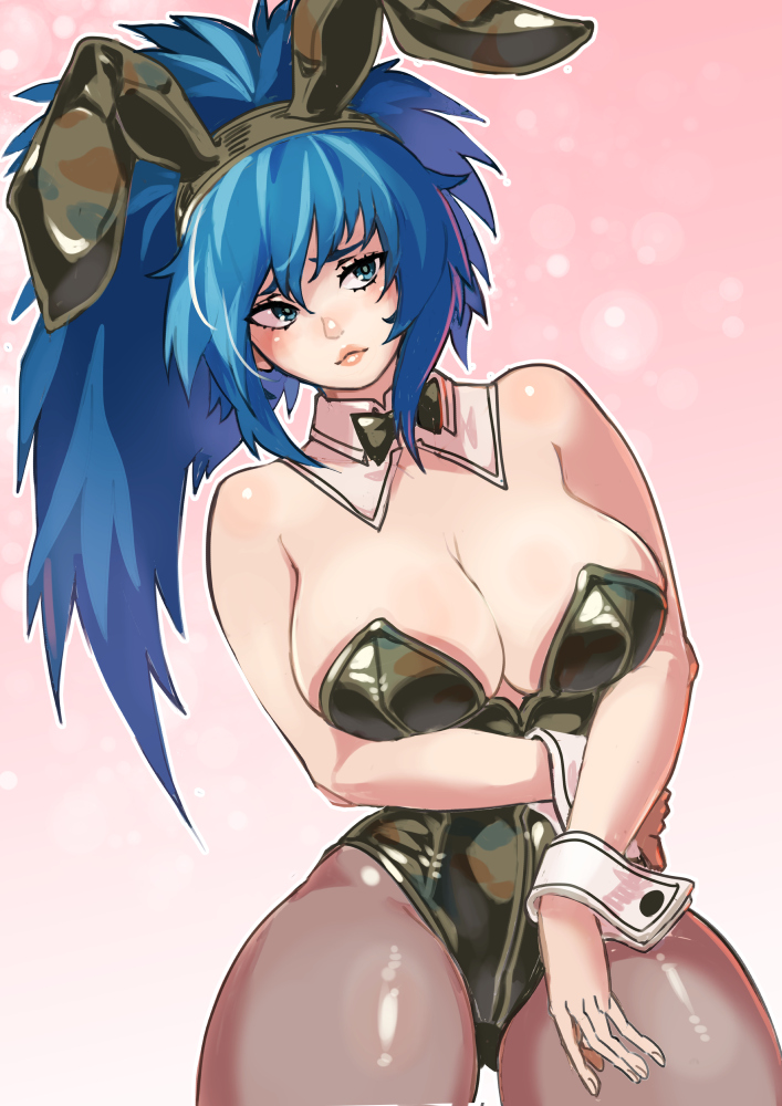 1girl animal_ears bare_shoulders blue_eyes blue_hair bow bowtie breasts bunny_day cleavage detached_collar fake_animal_ears kuwango leona_heidern leotard lips pantyhose playboy_bunny ponytail rabbit_ears solo the_king_of_fighters white_wrist_cuffs wrist_cuffs