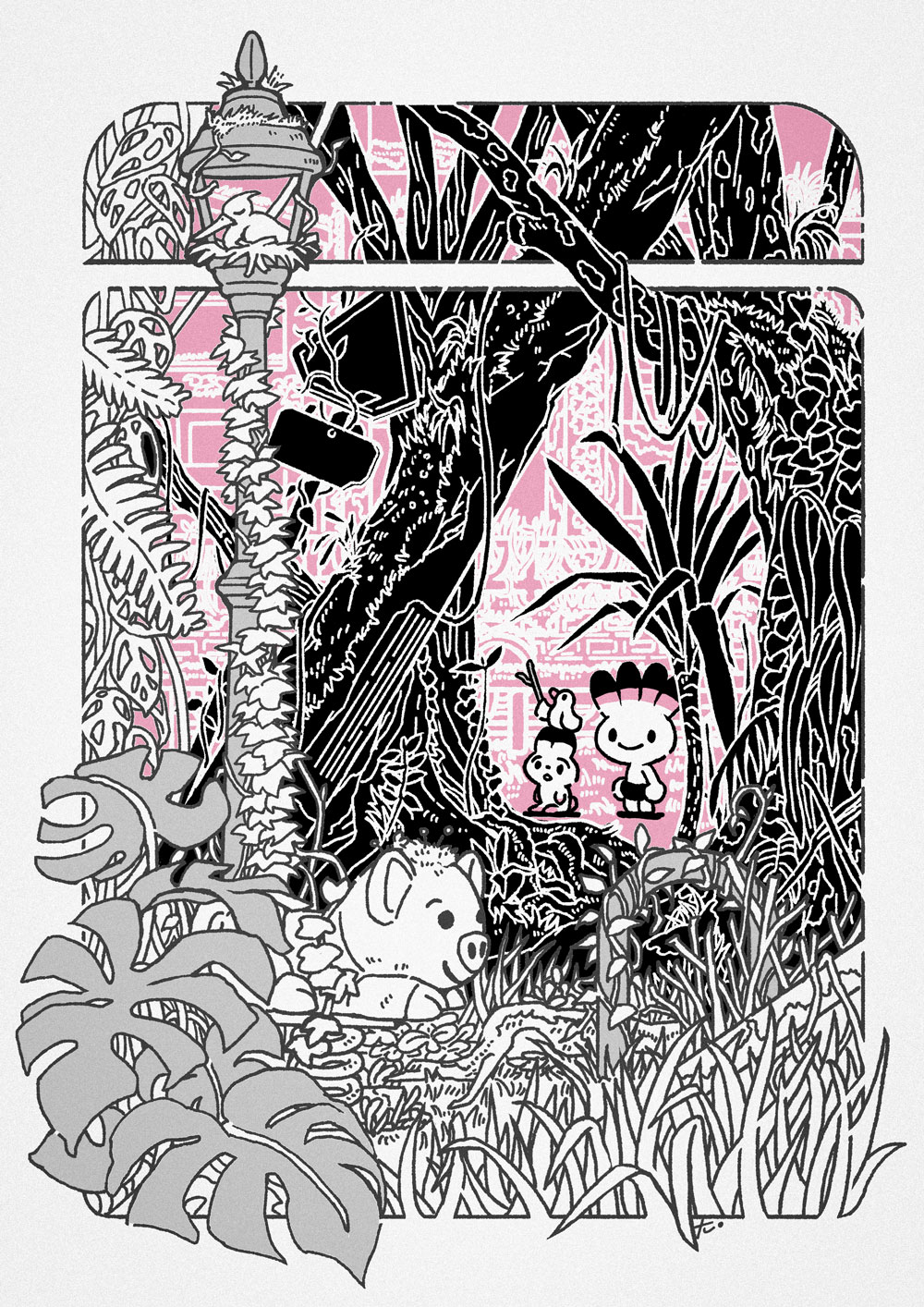 2boys animal animal_on_head bird bird_nest bird_on_head black_shorts border commentary creature foliage highres holding holding_stick initial lamppost leaf lying multiple_boys on_head original outdoors overgrown pig pink_theme plant shorts signpost smile solid_circle_eyes spot_color standing stick symbol-only_commentary takitasaki tree vines white_border