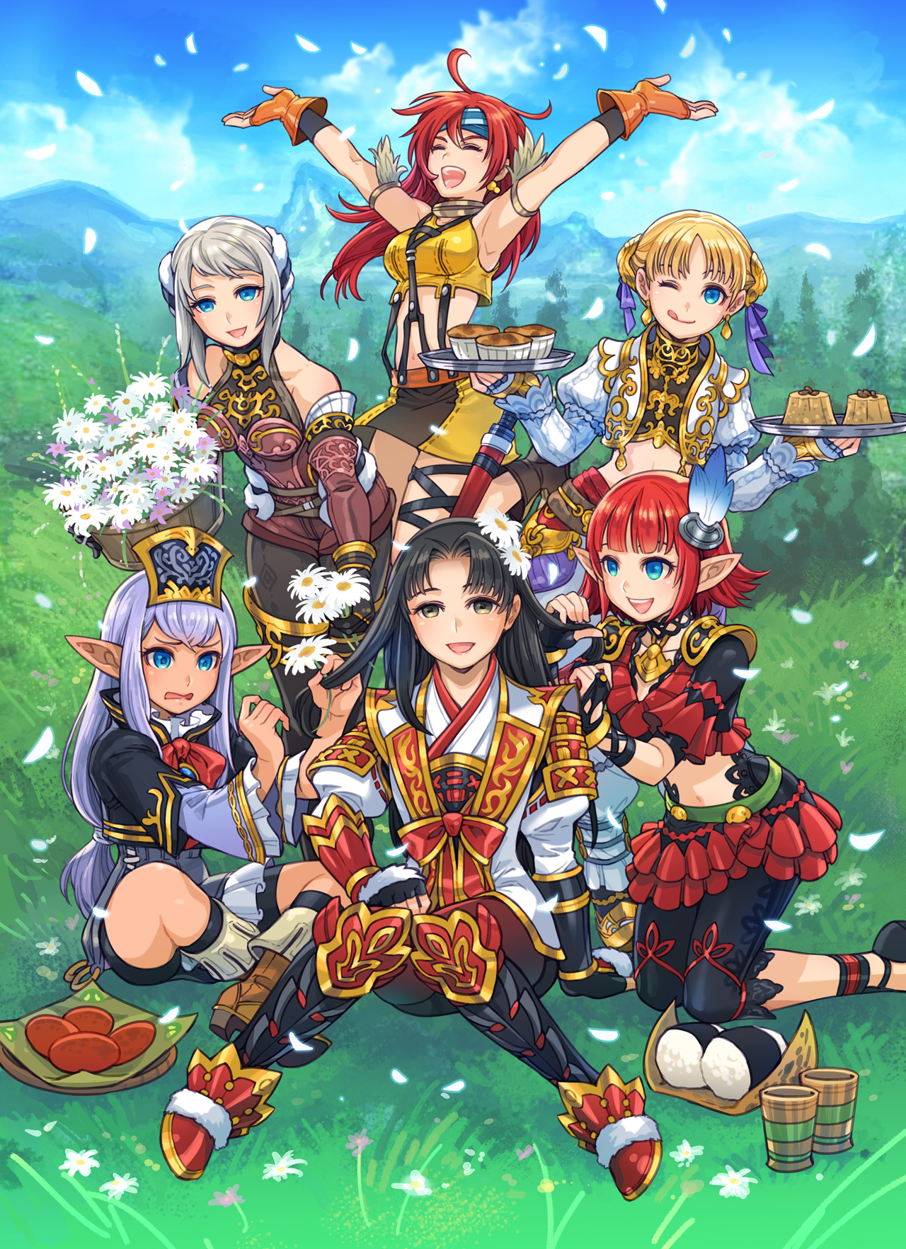 6+girls :d ^_^ afumau_(final_fantasy) arciela_v_adoulin armor bare_shoulders bike_shorts black_gloves black_hair black_pants black_pantyhose black_shirt black_skirt blonde_hair blue_eyes blue_gloves blue_hair blue_headband blue_ribbon blue_sky bodysuit boots bow bowtie breasts brown_boots capri_pants closed_eyes collarbone commentary cropped_jacket cropped_shirt dancer_(final_fantasy) dark-skinned_female dark_skin day detached_sleeves earmuffs earrings elf elvaan falling_petals feather_hair_ornament feathers final_fantasy final_fantasy_xi fingerless_gloves flower gloves gold_earrings gold_trim grass grey_hair hair_ornament hand_in_another's_hair headband highres holding holding_flower hume indian_style iroha_(ff11) jacket japanese_armor jewelry juliet_sleeves jumping kneeling kote lilisette lion_(ff11) long_hair long_sleeves low-tied_long_hair medium_breasts minagawa_fumio miniskirt mountainous_horizon multiple_girls navel official_art on_grass one_eye_closed open_mouth orange_gloves outdoors pants pantyhose petals pointy_ears prishe puffy_sleeves red_bodysuit red_bow red_bowtie red_hair red_sleeves ribbon second-party_source shirt short_hair sitting skirt sky sleeveless sleeveless_shirt smile teeth two-tone_skirt upper_teeth_only white_flower white_jacket white_pants white_petals yellow_eyes yellow_shirt yellow_skirt