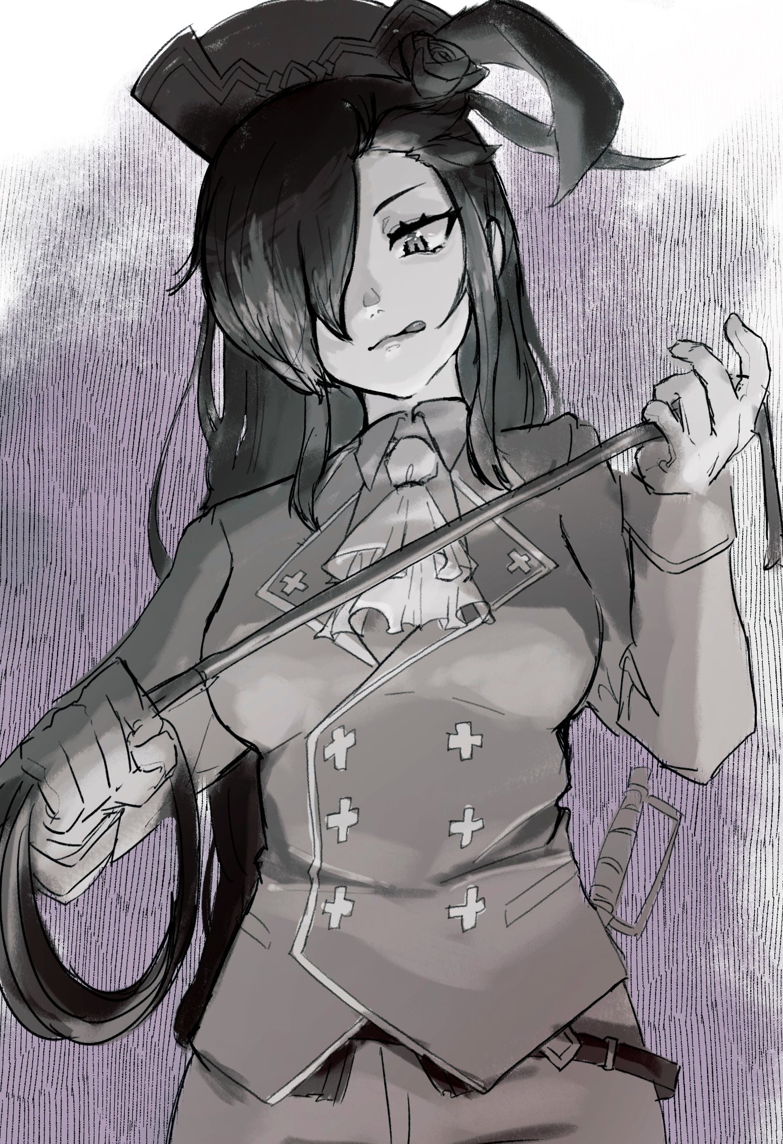 ascot black_hair breast_padding crossdressing gloves hair_over_one_eye hat highres licking_lips long_hair looking_at_viewer military_hat military_uniform natsumi_schwarz re:zero_kara_hajimeru_isekai_seikatsu sanpaku sword tongue tongue_out trap very_long_hair weapon whip