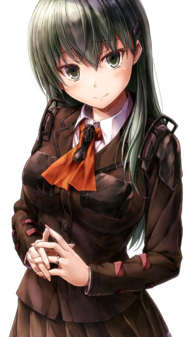 10s 1girl ascot blush breast_pocket breasts brown_jacket brown_skirt buttons character_name closed_mouth collared_shirt commentary_request cowboy_shot eyebrows female_focus fingernails fingers_together frilled_skirt frills glint green_eyes green_hair hair_between_eyes hair_ornament hairclip head_tilt highres jacket jewelry kantai_collection long_hair long_sleeves looking_at_viewer matching_hair/eyes medium_breasts necktie own_hands_together pleated_skirt pocket ring scan shirt shoulder_pads simple_background skirt smile solo suien suzuya_(kancolle) tsurime wedding_band white_background white_shirt wing_collar