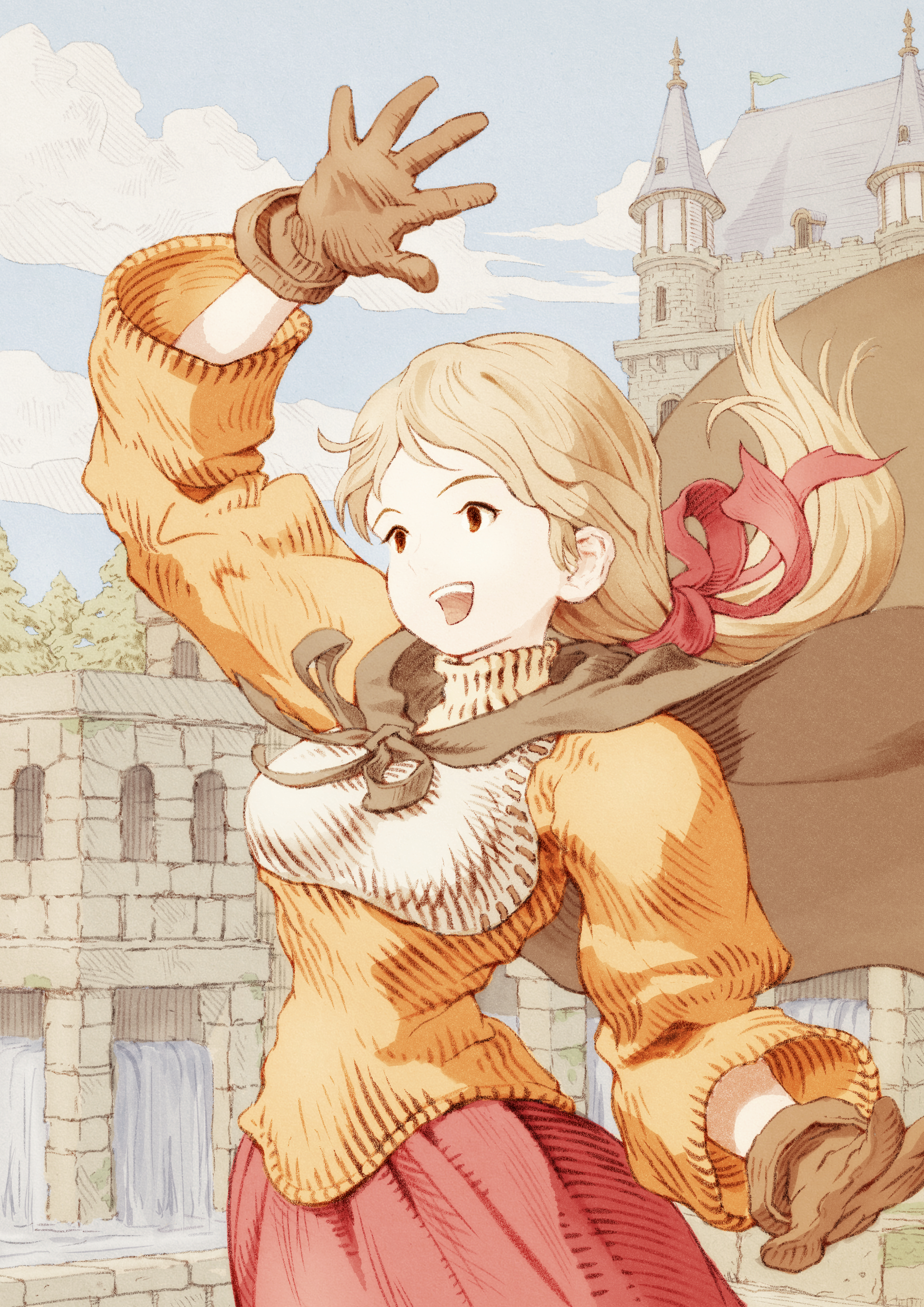 1girl absurdres alma_beoulve blonde_hair brown_cape brown_eyes brown_gloves cape castle cloud day final_fantasy final_fantasy_tactics gloves hair_ribbon highres long_hair open_mouth outdoors pine_tree ponytail red_ribbon red_skirt ribbon shinichi_kobe skirt sky solo teeth tree upper_teeth_only water waterfall