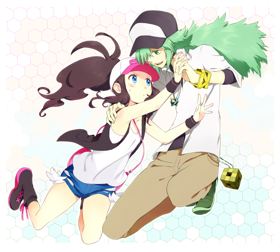 10s 1boy 1girl bag bangle baseball_cap blue_eyes blush_stickers boots bracelet brown_hair couple denim denim_shorts flat_chest green_eyes green_hair handbag hat hetero hilda_(pokemon) holding_hands jewelry jumping n_(pokemon) necklace nintendo pokemon pokemon_bw ponytail pout saku_(pixiv526117) short_shorts shorts smile tank_top tmy0404 vest void_cube