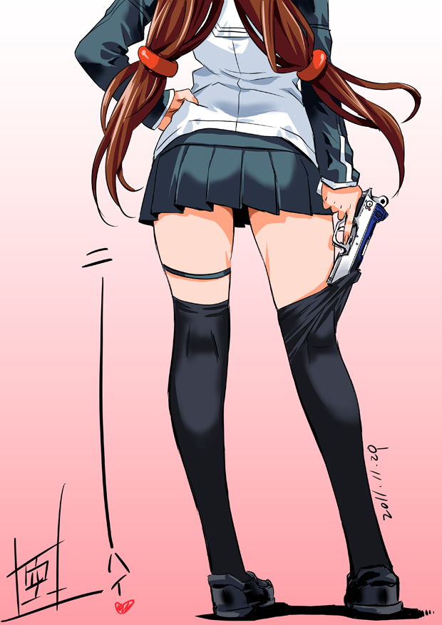 10s 1girl 2011 black_thighhighs bren_ten brown_hair dated female_focus from_behind gradient_background gun hand_on_own_hip handgun head_out_of_frame hip_focus inoue_sora legs long_hair low-tied_long_hair miniskirt nazume_mikuru pink_background pistol pleated_skirt school_uniform shoes signature skirt solo thigh_strap thighhighs thighhighs_pull trigger_discipline twintails weapon white_background zero_in