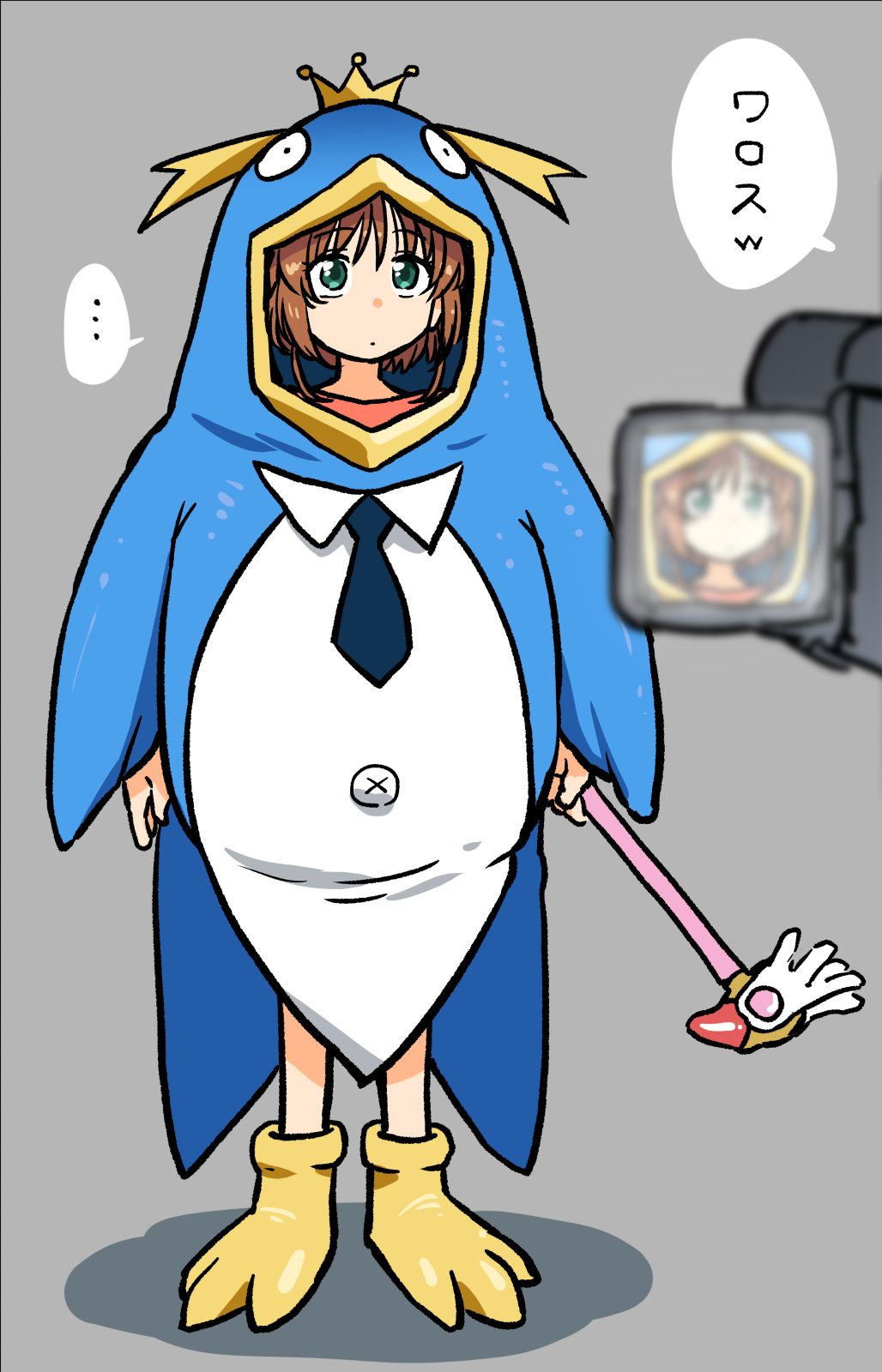 ... 1girl animal-themed_footwear animal_costume arms_at_sides black_necktie boots brown_hair camcorder cardcaptor_sakura closed_mouth commentary_request crown dot_mouth full_body green_eyes grey_background henriiku_(ahemaru) highres holding holding_wand kinomoto_sakura mini_crown necktie out_of_frame penguin_costume recording short_hair simple_background solo_focus speech_bubble spoken_ellipsis standing video_camera wand yellow_boots