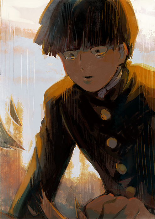 1boy aoki_(fumomo) black_eyes black_hair black_jacket blue_sky blunt_bangs buttons cloud collared_jacket commentary_request cowboy_shot crying crying_with_eyes_open day gakuran high_collar jacket kageyama_shigeo leaning_forward lips long_sleeves male_focus mob_psycho_100 open_mouth outdoors paper rain sad school_uniform short_hair sky solo teardrop tears tree undershirt wide-eyed