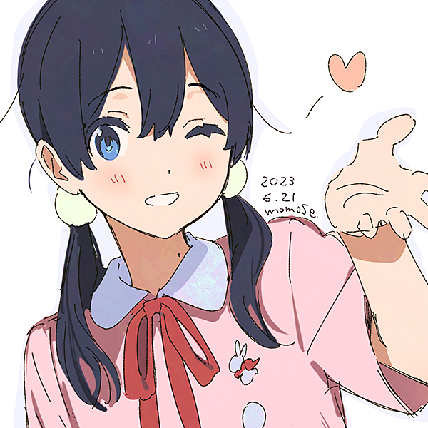1girl black_hair blue_eyes collared_shirt dated grin hair_between_eyes hand_up heart kitashirakawa_tamako long_hair mole mole_on_neck momose_(oqo) one_eye_closed red_ribbon ribbon shirt short_sleeves smile solo tamako_market white_background