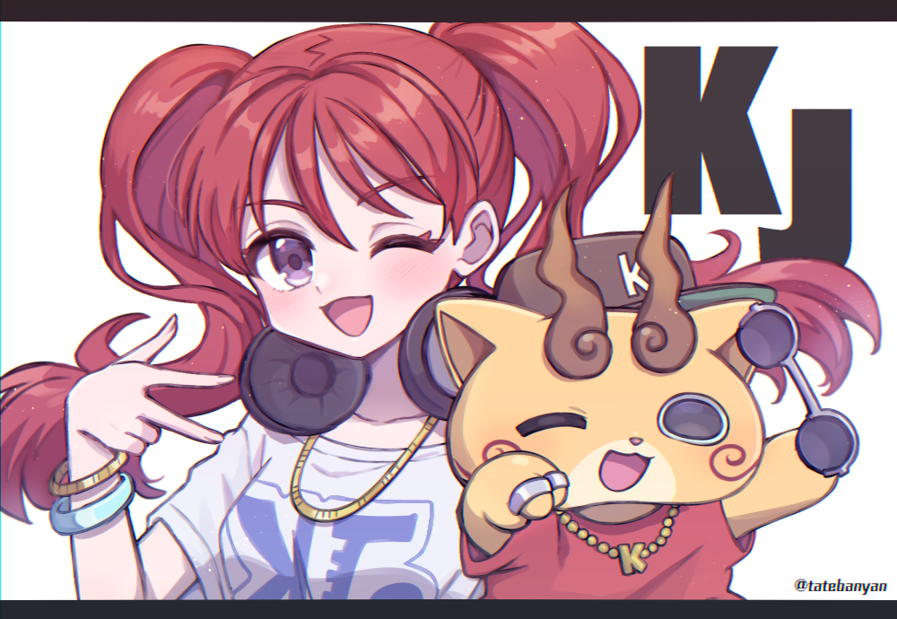1girl ;d artist_name bracelet brown_headwear unworn_eyewear hat headphones headphones_around_neck initial jewelry kirishima_jun komajirou megaton_musashi necklace one_eye_closed open_mouth purple_eyes red_hair ring shirt smile sunglasses tabana twintails white_background white_shirt youkai_watch