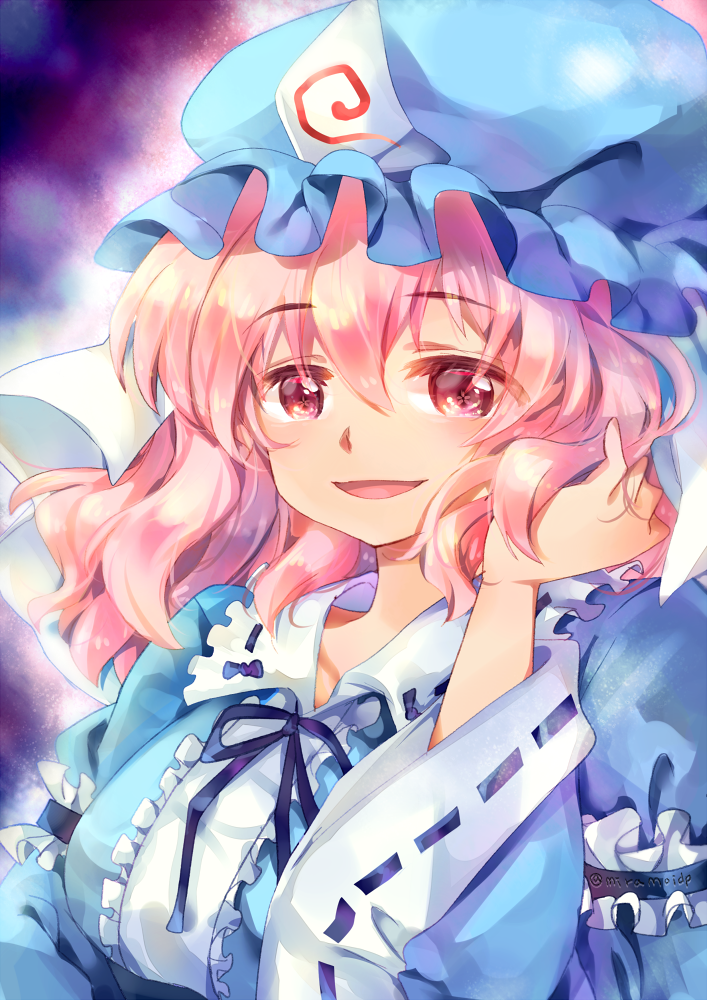 1girl female_focus hand_in_own_hair hat looking_at_viewer mob_cap open_mouth pink_eyes pink_hair saigyouji_yuyuko short_hair smile solo symbol-shaped_pupils tachiuo_(arines) touhou triangular_headpiece upper_body wavy_hair