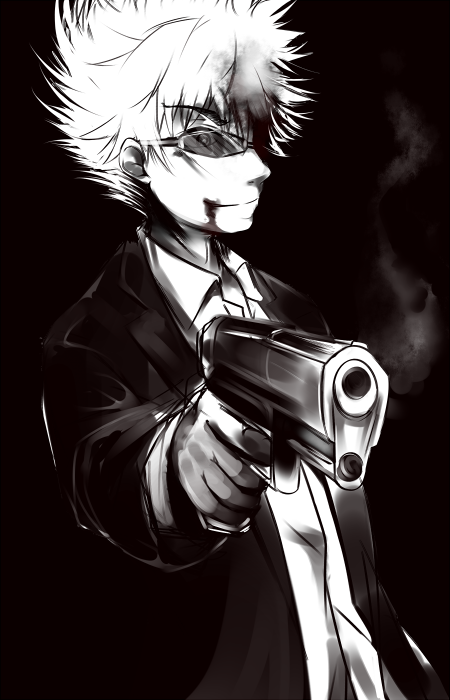 1boy aiming black_background blood blood_in_hair closed_mouth collared_shirt commentary_request greyscale gun hair_between_eyes handgun holding holding_gun holding_weapon jacket long_sleeves monochrome nose open_clothes open_jacket outstretched_arm shin_(highest1192) shirt short_hair simple_background smile smoke smoke_trail smoking_barrel solo spiked_hair sunglasses toaru_majutsu_no_index tsuchimikado_motoharu weapon white_shirt