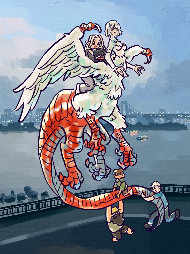 3boys 3girls animal_ears beard black_hair blonde_hair blue_shirt breasts brown_hair cat_ears cat_girl chilchuck_tims cityscape dungeon_meshi dwarf elf facial_hair falin_touden falin_touden_(chimera) feathered_wings green_shirt halfling izutsumi laios_touden long_hair marcille_donato monster_girl multiple_boys multiple_girls open_mouth parted_bangs pointy_ears senshi_(dungeon_meshi) shirt short_hair shouting smile takeuchi_ryousuke underboob white_wings wings