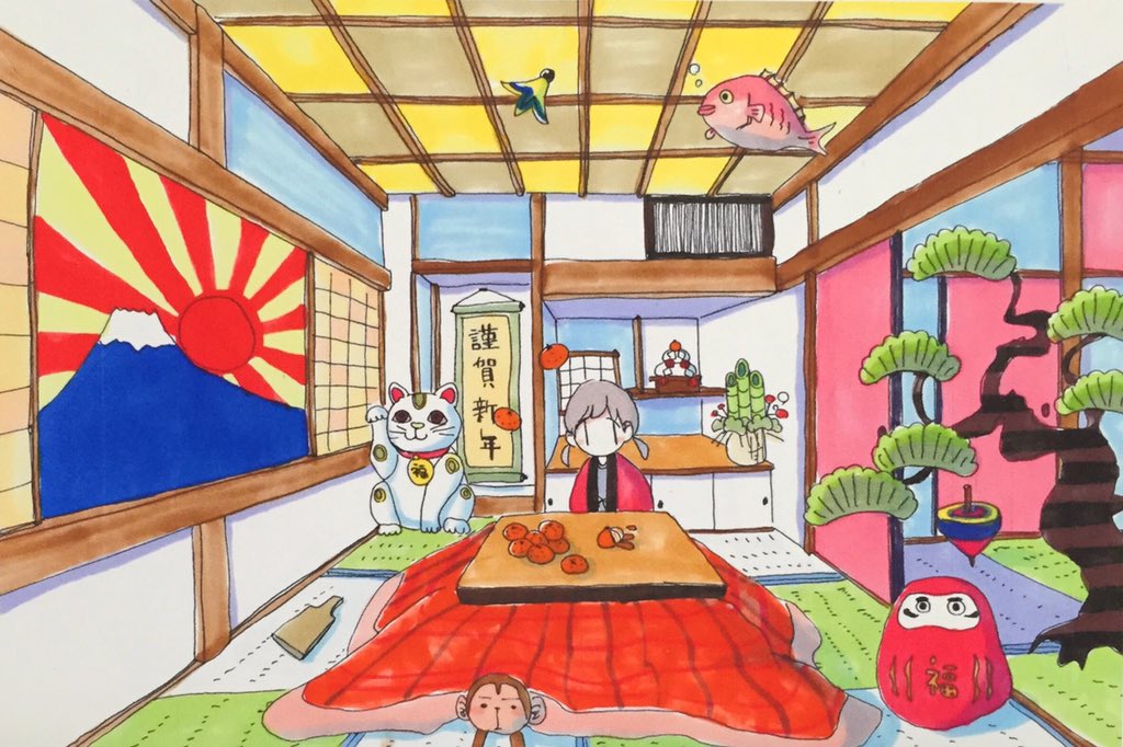 1girl architecture chinese_zodiac commentary daruma_doll east_asian_architecture fish food fruit fusuma grey_hair hagoita hanging_scroll japanese_clothes kadomatsu kagami_mochi kotatsu low_twintails maneki-neko medium_hair monkey mount_fuji new_year orange_(fruit) original paddle painting_(object) rising_sun_flag scroll sitting sliding_doors solo spinning_top sunburst table tatami tokunaga_aoi traditional_media translated twintails wide_shot year_of_the_monkey |_|