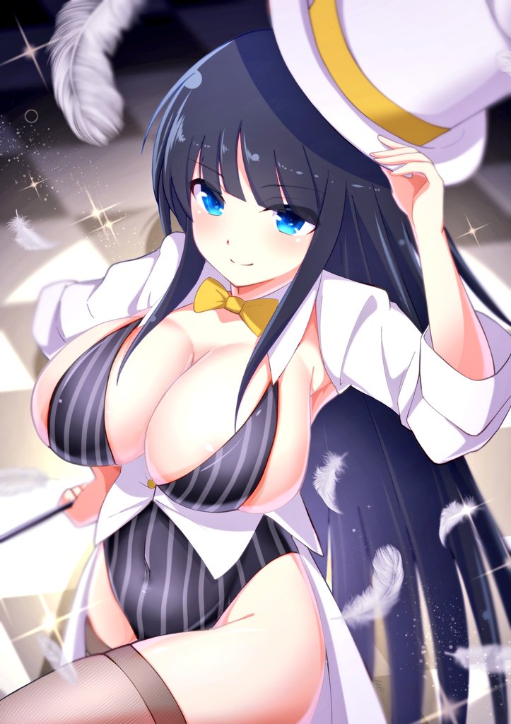 1girl areola_slip betterthanbone2 black_hair black_leotard black_thighhighs blue_eyes blush bow bowtie breasts cleavage closed_mouth covered_navel falling_feathers feathers groin hat hat_tip hime_cut holding holding_wand huge_breasts ikaruga_(senran_kagura) leotard light_particles long_hair looking_at_viewer magician senran_kagura sidelocks skindentation smile solo sparkle striped_clothes striped_leotard thighhighs tile_floor tiles top_hat vertical-striped_clothes vertical-striped_leotard very_long_hair vest waistcoat wand white_feathers white_hat yellow_bow yellow_bowtie