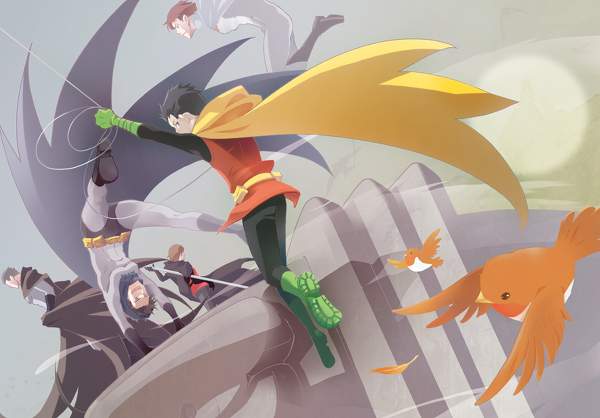 5boys batman batman_(series) belt bird boots brothers bruce_wayne building cape damian_wayne dc_comics dick_grayson domino_mask family father_and_son grapnel green_footwear handstand jason_todd jumping male_focus mask multiple_boys nightwing pixiv_sample red_hair red_hood_(dc) red_robin resized robin_(bird) robin_(dc) shoes siblings staff tim_drake totoya_(hakarame) upside-down weapon