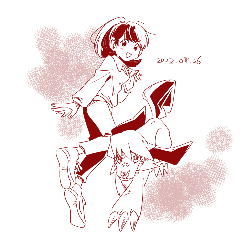 1girl digimon digimon_(creature) digimon_survive dog labramon open_mouth shibuya_aoi smile tail