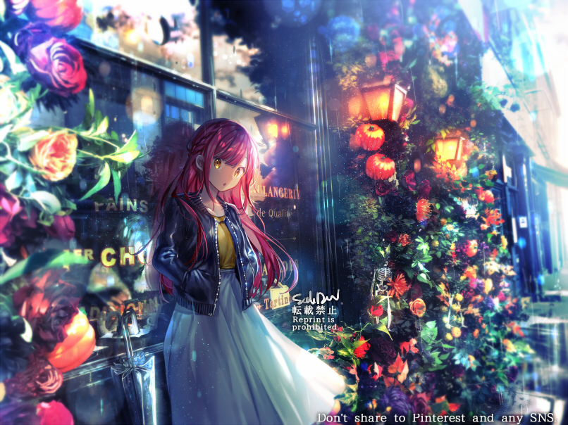 1girl blouse blue_jacket blurry blush bokeh braid breasts building closed_umbrella cloud depth_of_field female_focus flower hands_in_pockets high-waist_skirt jacket lamppost light_particles long_hair looking_at_viewer medium_breasts naru_(andante) open_clothes open_jacket open_mouth original outdoors plant pumpkin purple_hair rain red_flower red_rose reflection rose shirt sidelocks signature skirt sky solo standing storefront sunlight umbrella very_long_hair water_drop wet white_skirt wind yellow_eyes yellow_flower yellow_rose yellow_shirt