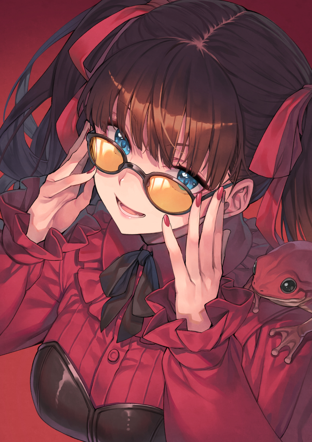 1girl animal black-framed_eyewear black_ribbon blue_eyes breasts brown_hair commentary_request fingernails frog glasses gradient_background hagure_keg hair_ribbon highres long_sleeves looking_at_viewer medium_breasts nail_polish neck_ribbon open_mouth original red_background red_nails red_ribbon red_shirt ribbon shirt tinted_eyewear twintails upper_body yellow-tinted_eyewear